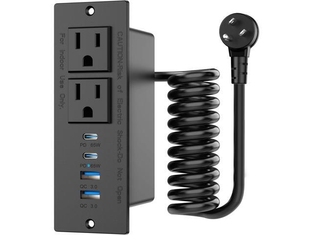 65W Furniture Drawer Outlet, Recessed Outlet with 4 USB Ports & 2 AC Outlets, Recessed Power Strip for Home, Office, 14 AWG-10FT Spring Cord(Black)