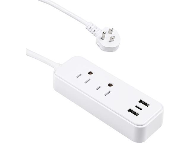 Clear Power 2-Outlet Power Strip with 3 USB Ports(1 USB-C), Flat Plug, 6 ft Power Cord, Desktop Charging Station with USB C, White, DC3S-1102-DC