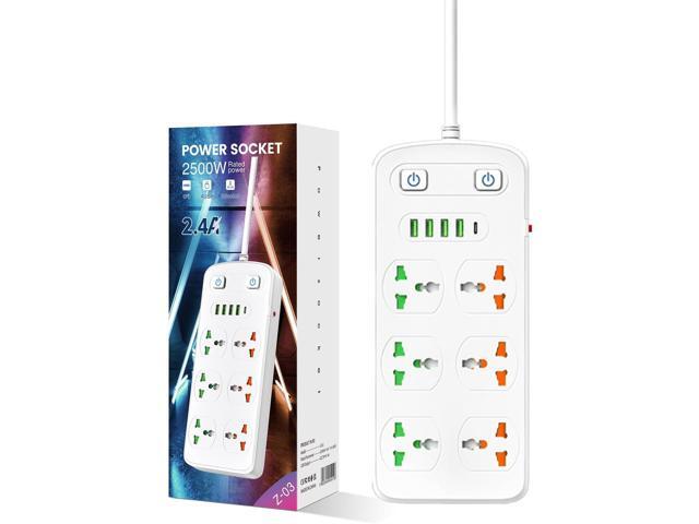 Universal Power Strip with USB and Type C Port, Surge Protector with 6 Universal Oulets and 4 USB, 110-250V, 6.5ft Extension Lead 2500W for...