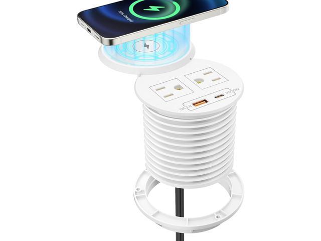 PD 20W USB C Desk Power Grommet with 15W Wireless Charger Cover, Recessed Power Strip with 18W USB A and 2 AC Outlets,Hidden Power Outlets with 6FT...