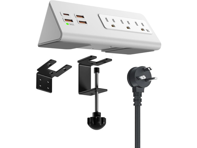Power Charge Station Edge clamp Mount with USB-C PortsTabletop Surge Protector, Desk Clamp Power Sockets with 3 AC Outlets and 4 Fast Charging USB...