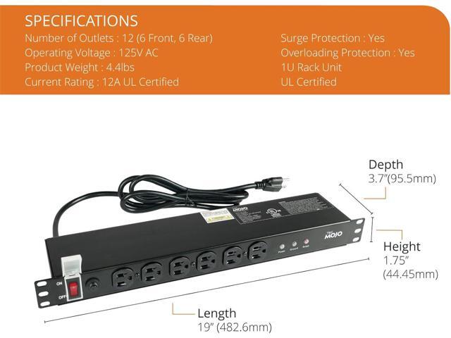 Tecmojo 1U Rackmount Network-Grade PDU Surge Protector Power Strip, 12 Outlets (6 Front, 6 Rear Wide Spaced) 12A 6ft Cord with 5-15P Lug - Black,...