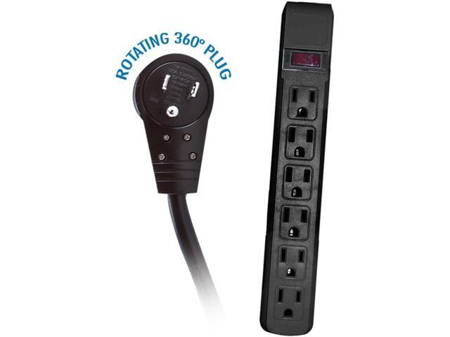ACL 6 Feet Power Cable with 6 Outlets Surge Protector, Flat Rotating Plug, Horizontal Outlets, Black