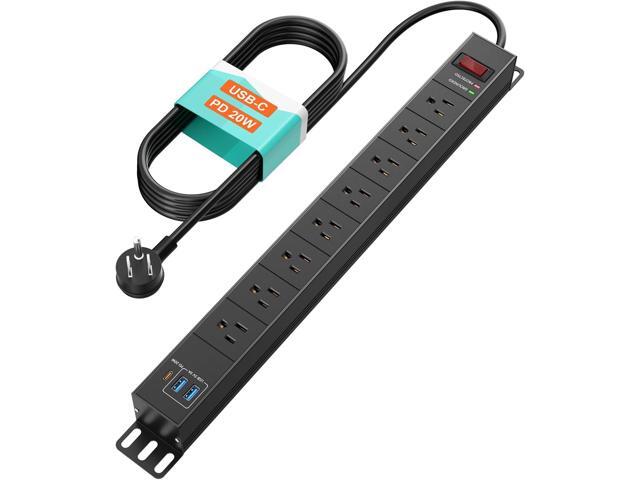 QBA 8 Outlet Metal Power Strip with USB C PD 20W, Heavy Duty Wide Spaced Outlets, Wall Mount for Home Office Garage Workshop, 6ft Cord, Black