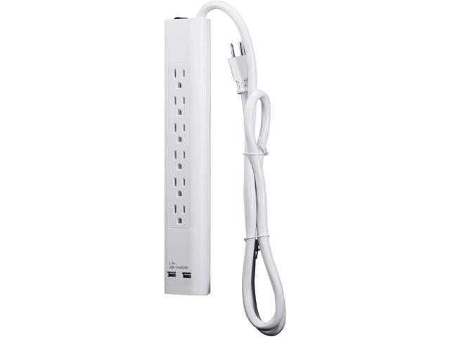 Uninex PS105SWT Slim 6-Outlet Surge Protector Power Strip with 2 USB Charging Ports (5V, 2.4A), 14/3 AWG, ETL Listed, White, 4-Foot