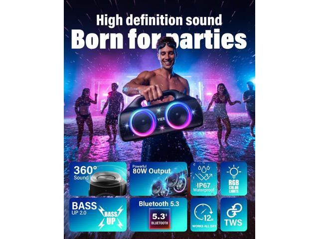 Speakers, 80w (Peak) Portable Wireless Speaker with Lights, Stereo Loud Sound, IP67 Waterproof, Deep Bass Outdoor Speakers Bluetooth 5.0 Dual...