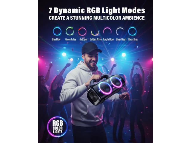 Speakers, 80w (Peak) Portable Wireless Speaker with Lights, Stereo Loud Sound, IP67 Waterproof, Deep Bass Outdoor Speakers Bluetooth 5.0 Dual...