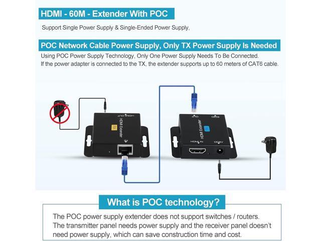 avedio links 196ft/60m HDMI Extender Over Cat 5e/6/7, 1080P HDMI Ethernet Extender Balun Adapter with Single POC Power Supply, Support 3D, EDID,...