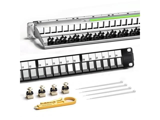 AMPCOM 24 Ports 1U Blank Keystone Patch Panel, 19 inch Rack or Wall Mount with Rear Cable Management Panel for Ethernet CAT5e/CAT6/CAT7, USB, HDMI
