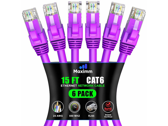 Maximm Cat6 Ethernet Cable 15 Ft Purple (6-Pack), 10Gbps 550MHz UTP Cord