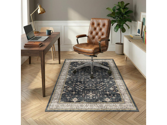 4x5 Black Boho Office Chair Mat for Hardwood & Tile Floor, Floor Protector for Heavy Duty Office Chair, Low Pile & Ultra Soft Under Desk Carpet,...