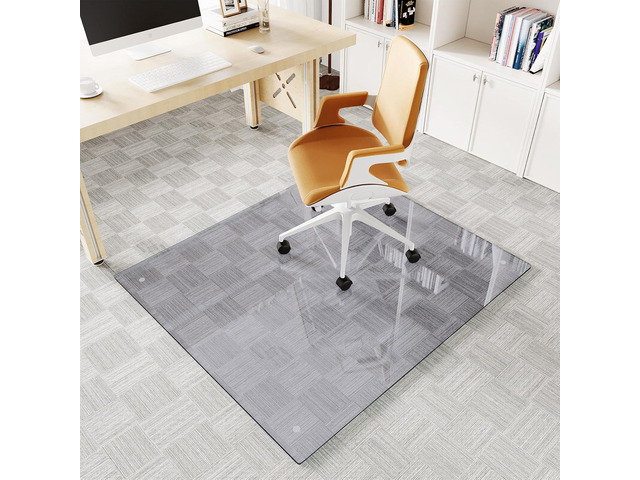 Tempered Glass Office Chair Mat, 42'x48' for Carpet & Hardwood Floors, Grey Heavy Duty 0.2' Thick Computer Chair Mat with Non-Slip Pads, Scratch...