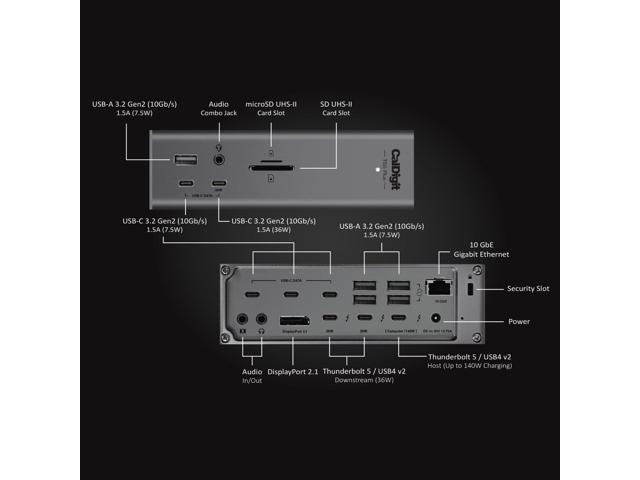 CalDigit TS5 Plus - Thunderbolt 5 Dock - 20 Port,10GbE, 140W Dedicated Host Charging, Thunderbolt 5 x3, USB 10Gb/s x10, Dual USB Controllers, Up to...