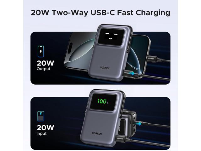 UGREEN Uno 10000mAh Magnetic Portable Charger, Qi 7.5W Wireless Power Bank, PD 20W USB C Battery Pack with Foldable Stand and TFT Display MagSafe...