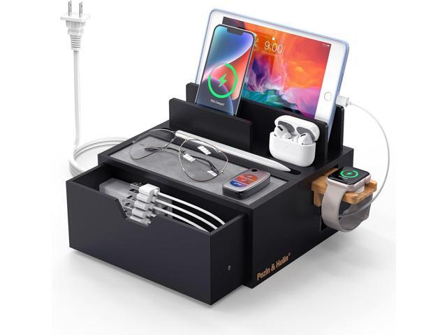 Pezin & Hulin Bamboo Charging Station for Multi Device with 5 USB Charger HUB, Phone Docking Station with Lined Tray & Drawer(Include 5 Charger...