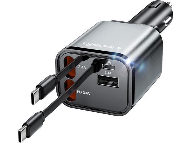 Retractable Car Charger, 4 in 1 Fast Car Phone Charger 66W, 2 Retractable Cables and 2 USB Port, Compatible with iPhone 16/15/14/13/12/11,Galaxy,Pixel