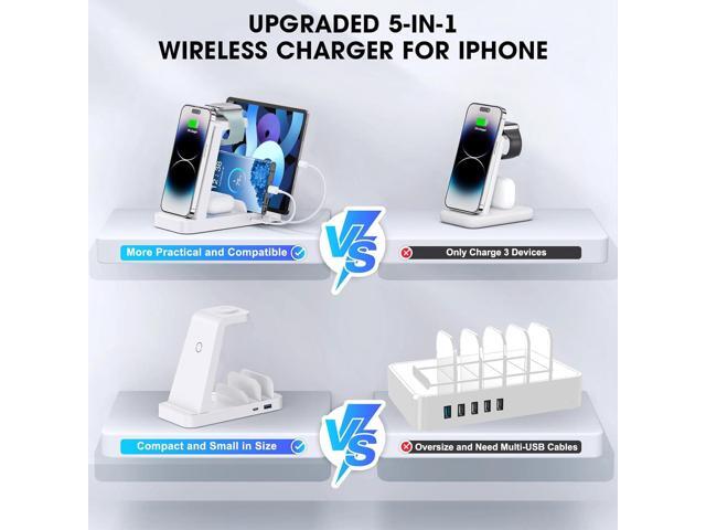 Wireless Charger for iPhone - 5 in 1 Charging Station for Multiple Devices Apple: Fast Wireless Charging Stand Dock for iPhone 16e 16 15 14 13 12...