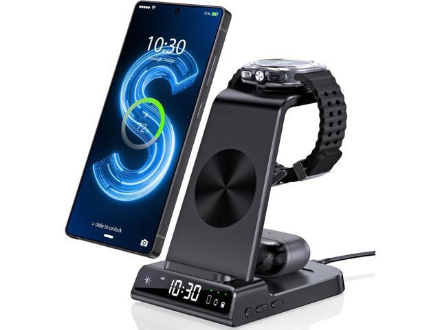 Wireless Charger for Samsung Charging Station with Clock for Samsung Galaxy S25 Ultra/S24 Ultra/Z Flip 6/5/Fold 5/Bud, 3 in 1 Android Charging...