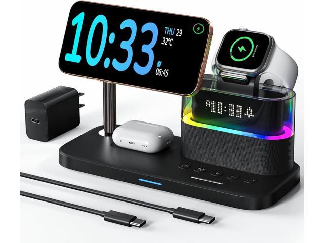 5 in 1 Wireless Charging Station for Apple,Mag-Safe Charger with Alarm Clock Night Light for Multiple Devices,Nightstand Charging Station for...
