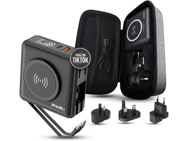 PWRMobile PWR Travel PRO 5-in-1 Power Bank with Case Included 10,000mAh with Built-in Cables 20W USB-C + 15W Wireless Charging Compact Portable...