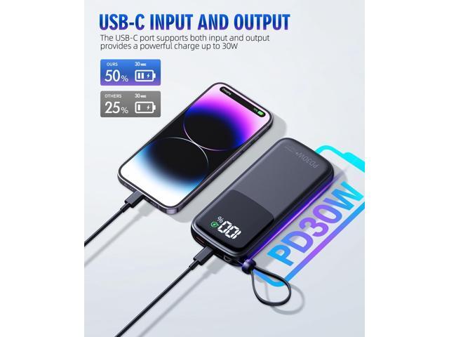 Portable-Charger-Power-Bank - 15000mAh Power Bank Supports PD 30W Fast Charging Built-in AC Wall Plug and 2 Output Cables with LED Display for...