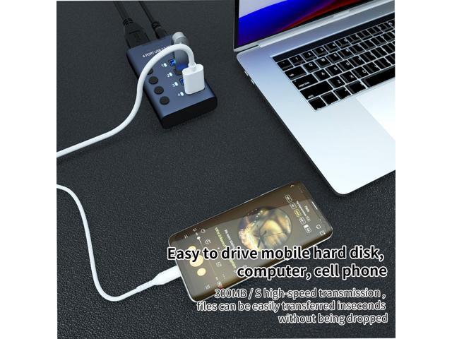 KEHIPI 4 Port Aluminum USB 3.0 hub with 4 Port USB Data Transfer,36W (12V/3A) Power Adapter USB Splitter Independent Switch