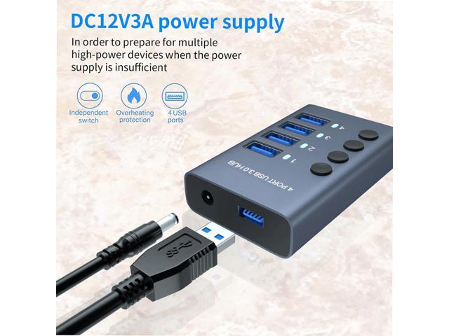 KEHIPI 4 Port Aluminum USB 3.0 hub with 4 Port USB Data Transfer,36W (12V/3A) Power Adapter USB Splitter Independent Switch