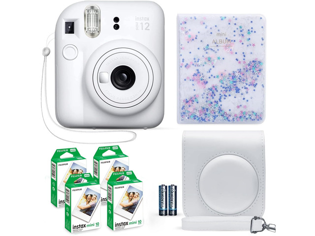 Instax Mini 12 Instant Camera Clay White + Fuji Film Value Pack (40 Sheets) + Shutter Accessories Bundle, Incl. Compatible Carrying Case, Quicksand...