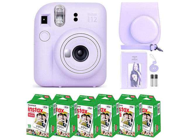 Instax Mini 12 Instant Camera Lilac Purple & 60 Fuji Film Sheets Bundle with Sturdy Tiger Accessories, Carrying Case and 64-Pocket Photo Album