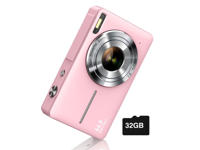 Digital Camera FHD 1080P with 32G Card 16X Zoom Easy for Kids Pink Compact camera with anti-shake, Includes 2 batteries & charger. Perfect for...