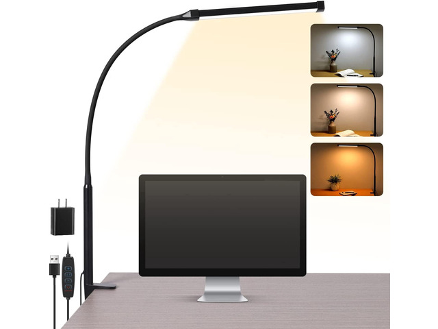 LED Desk Lamp with Clamp, Clip on Lights for Home Office, Black 3 Modes 10 Brightness, Long Flexible Goose-Neck, Eye-Caring, Memory Function,...