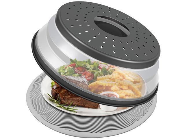 _Mega Brand 10 Inch Microwave Food Cover & Collapsible Silicone Mat - Splatter Guard, Plate Holder & Kitchen Colander for Meal Prep, Charcoal