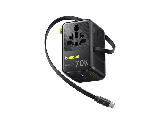 70W Universal Travel Adapter, 6-in-1 International Plug Adapter Worldwide Wall Charger with Retractable Cable, USB-C Fast Charging for...