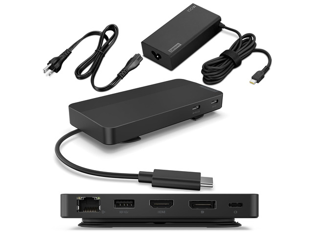 USB-C Dual Display Travel Dock w/ 100W Power Adapter - 7 Ports, Integrated USB-C Cable, Universal Compatibility, Dual Displays at 4K - Black