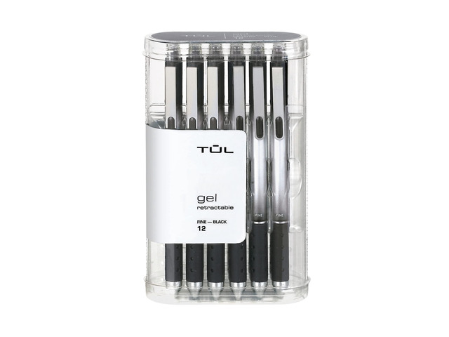 Retractable Gel Pens, Fine Point, 0.5 mm, Gray Barrel, Black Ink, Pack Of 12 Pens