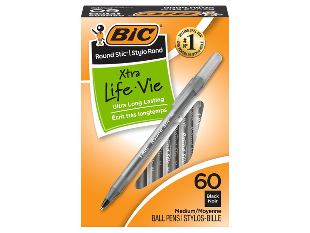 Round Stic Xtra Life Ballpoint Pen, Ultra Long Lasting and Consistent Ink Flow, 60-Count in Black Ink (Pack of 9)