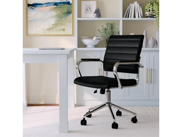 Martha Stewart Piper Swivel Task Chair with Armrests for Home Office in Black Faux Leather with Polished Nickel Frame