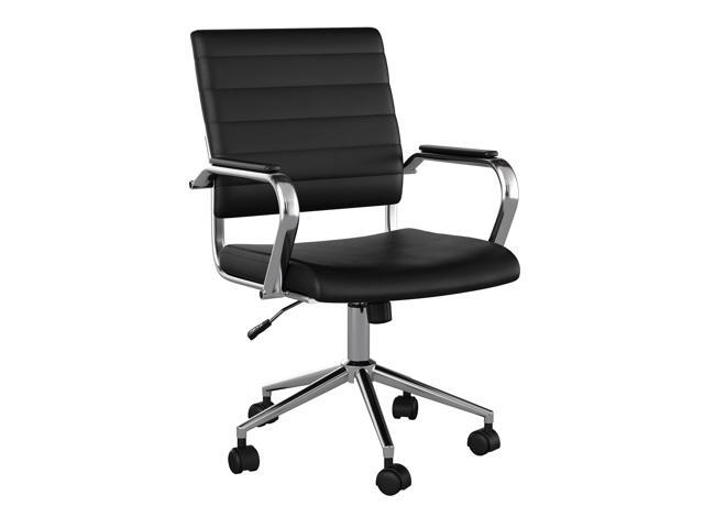 Martha Stewart Piper Swivel Task Chair with Armrests for Home Office in Black Faux Leather with Polished Nickel Frame