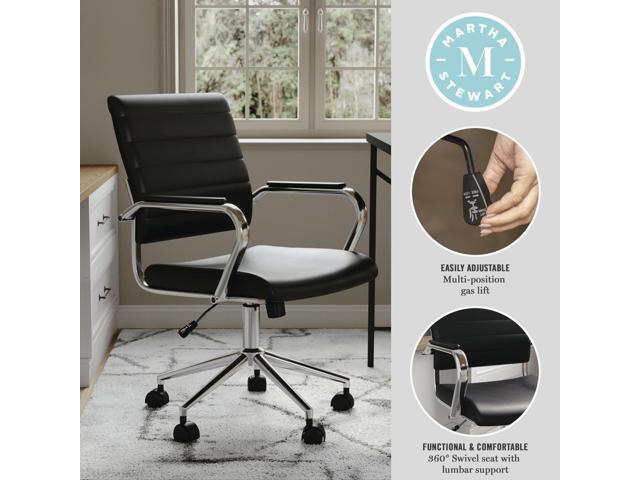 Martha Stewart Piper Swivel Task Chair with Armrests for Home Office in Black Faux Leather with Polished Nickel Frame