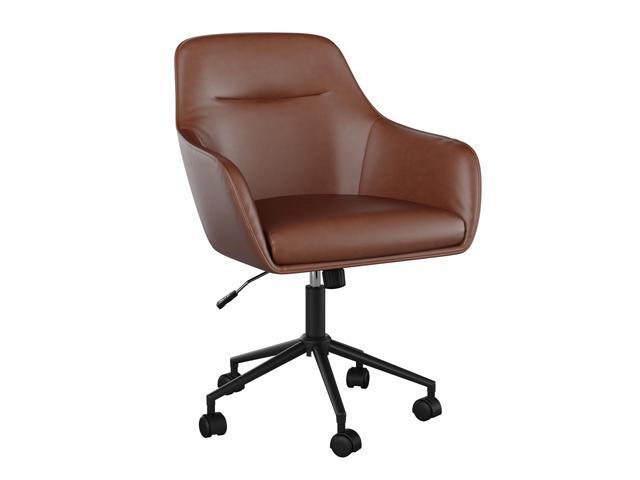 Martha Stewart Rayna Swivel Task Chair with Flared Arms for Home Office in Saddle Brown Faux Leather with Oil Rubbed Bronze Frame