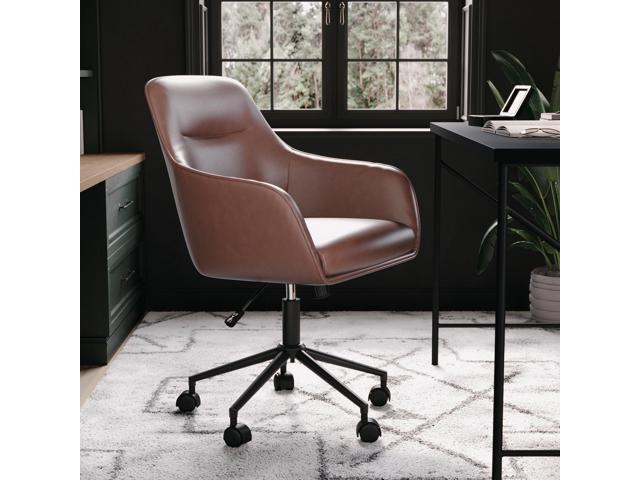 Martha Stewart Rayna Swivel Task Chair with Flared Arms for Home Office in Saddle Brown Faux Leather with Oil Rubbed Bronze Frame