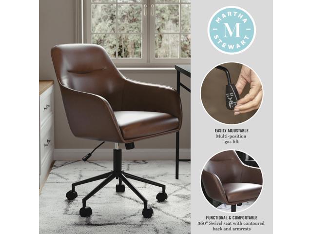 Martha Stewart Rayna Swivel Task Chair with Flared Arms for Home Office in Saddle Brown Faux Leather with Oil Rubbed Bronze Frame