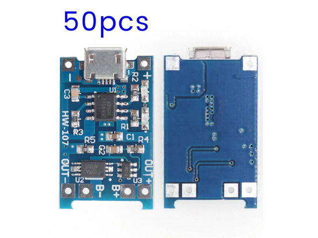50 PCS TP4056 Micro-USB Lithium Charging Board 5V 1A Charger Module Blue PCB