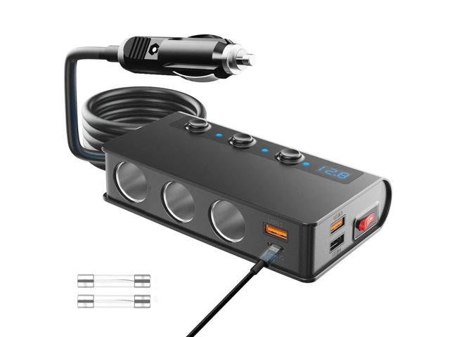 3 - Socket 12V/24V 180W ON - OFF DC Power Car Splitter with 4 - Port USB Car Charger, Quick Charge 3.0 Cigarette Lighter Splitte
