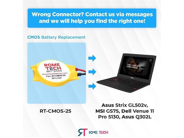 Rome Tech CR1220 CMOS Battery for MSI GS75, Asus Q302L - Laptop Backup BIOS RTC 3V CR 1220 Battery with 2 Wire Long Cable Regular Connector (2-Pack)