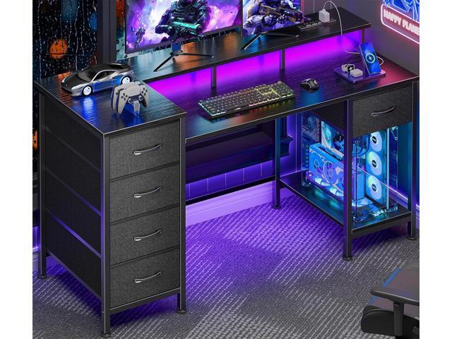 47 Inch Gaming Desk with Power Outlets and LED Lights, Reversible Computer Desk with 5 Fabric Storage Drawers, Home Office Desk with Monitor Stand...