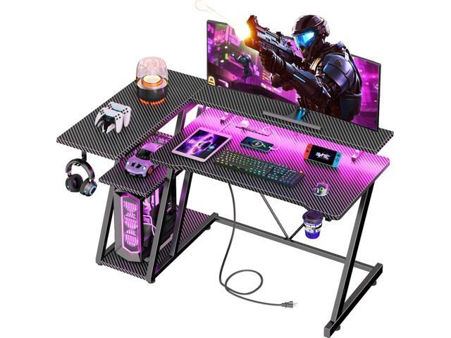 40 Inch Gaming Desk with Power Outlet & LED Lights, L Shaped Computer Gaming Table with 3 Tiers Storage Shelves, Corner Gamer Desk with Monitor...