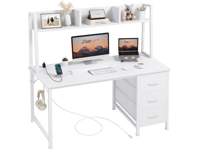 White Computer Desk with Hutch & Drawers - 47 Inch Modern Study Writing Office Desk with 3 Storage Drawers and Power Outlets for Bedroom Home Office