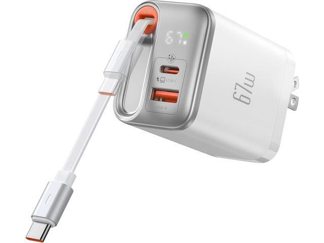 Mcdodo 67W USB C Charger Block with Retractable Type-C Cable, Dual Port (USB A+C) Foldable Wall Charger GaN Fast Charging Bolck Fit iPhone 16 15...