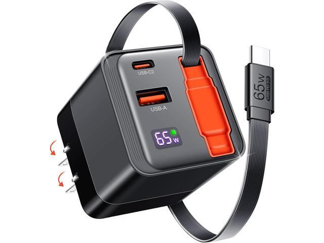 65W Retractable USB C Charger Block, PD PPS Fast Charging Wall Charger with Retractable Type-C Cable and Dual Port, Portable GaN3 with Foldable...